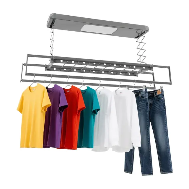 Tendedero eléctrico, secadora de pared, tendedero con mando a distancia, soporte de techo, extensible, plegable, para balcones, lavaderos (gris)