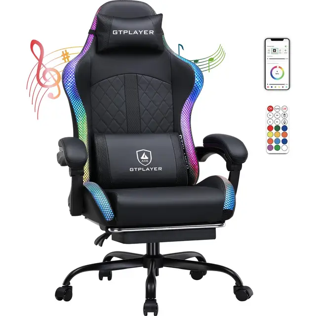 GTPLAYER Silla de gaming, silla de oficina, silla de gaming con altavoz y barra de luz, silla gamer, respaldo con bolsa de almacenamiento, silla ergonómica de PC con mando a distancia