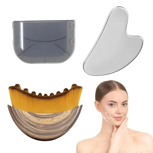 Gua-Sha-Set de acero inoxidable con cepillo facial para drenaje linfático – Kit de masaje para dar forma a la línea de la mandíbula, reducir hinchazón y relajación, incluye caja de almacenamiento