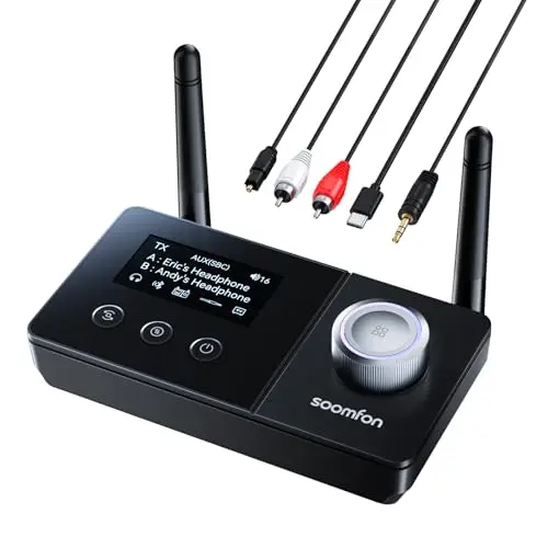 SOOMFON Bluetooth 5.3 Transmisor Receptor, 3 en 1 Bluetooth Adaptador Audio con AUX 3.5mm/RCA/Óptico, Adaptador Doble Conexión, Receptor Emisor para TV/Auriculares/Sistemas de Sonido