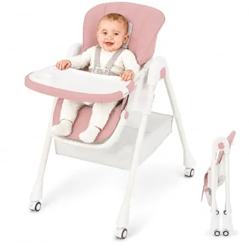 ALMAR Baby Trona de bebe evolutiva, plegable, elevable y reclinable con bandeja extraible color Rosa