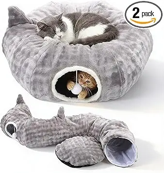 Tunel para Gatos, Túnel de Juego y Cama Gato 2 en 1 con Juguetes Colgantes, Cat Tunnel con 2 Entradas, Cojín Circular Lavable, Túnel para Gatos Plegable para Gatitos/Cachorros/Conejos
