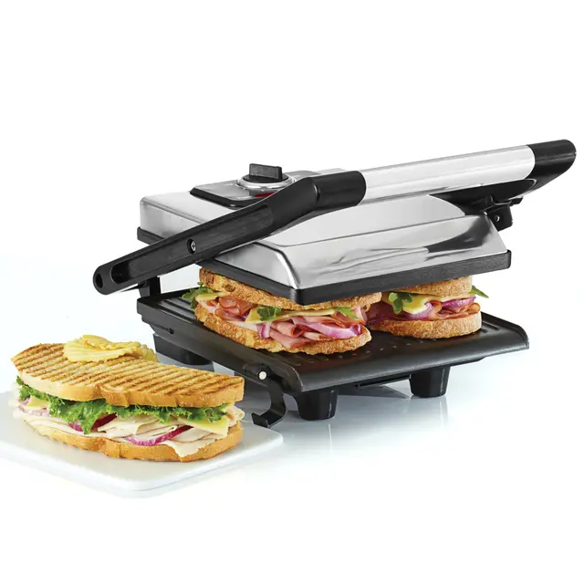 bella Sandwichera, Prensa para Paninis y Grill Eléctrico con Placas Dobles Antiadherentes, Tapa Regulable en Altura y Bandeja Recogegotas Extraíble, Acero Inoxidable, 1400 Vatios
