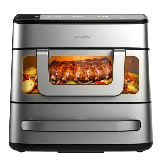 Cecotec Freidora de Aire y Horno 18L Cecofry FoodCourt 18000 4Pizza+. 2700W, Horno Pizza 12" Incluy. Piedra, 9L Freidora Aire, Pared Divisoria, Pantalla Color, Acero Inoxidable, Sincronización Cubetas