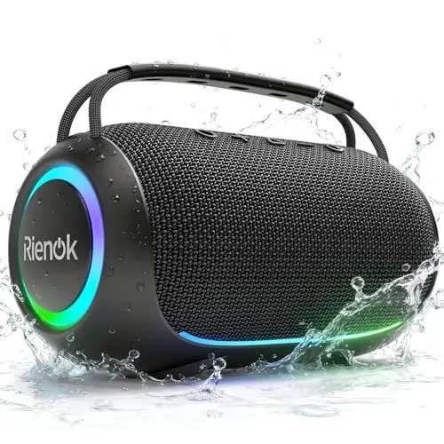 RIENOK Altavoz Bluetooth Potente 80W Portátil 30H Impermeable IPX6 con Luces RGB Bluetooth 5.3 Inalámbrica Emparejamiento Estéreo Apoya 128G Tarjeta TF, AUX, Memoria USB