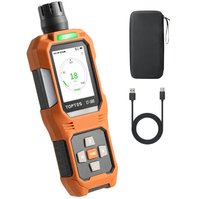 TOPTES CT-580 Detector de monóxido de Carbono, Detector de CO Recargable con alarmas por vibración, visuales y audibles, Alarma CO portátil, 0-1000PPM para el hogar, Coche, Camping y Viajes