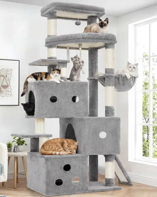 Heybly Rascador para Gatos XXL, 188 cm Árbol Rascador para Gatos Grandes, Torre de Múltiples Pisos, 3 Cuevas Escalonadas, Amplias Perchas Descanso, Postes y Tablas de Sisal, Gris Claro HCT061W