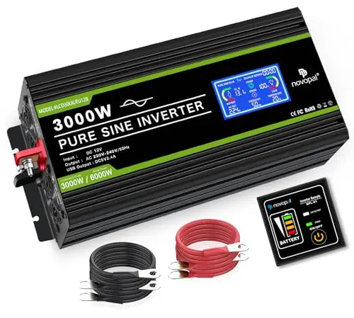 NOVOPAL 3000w Inversor 12v 220v Onda Pura Transformador Inversor de Corriente Convertidor con Pantalla LCD,5M Mando a Distancia con 2 Tomas AC y Puerto USB 2.4A