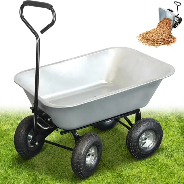 Carretilla Manual de Jardín 75L - Carrito de Jardin con cubeta basculante 4 Ruedas hinchables Ø 260 mm - Capacidad de Carga máx. 250 KG - Mango Largo - 86 x 60,5 CM - Metal galvanizado
