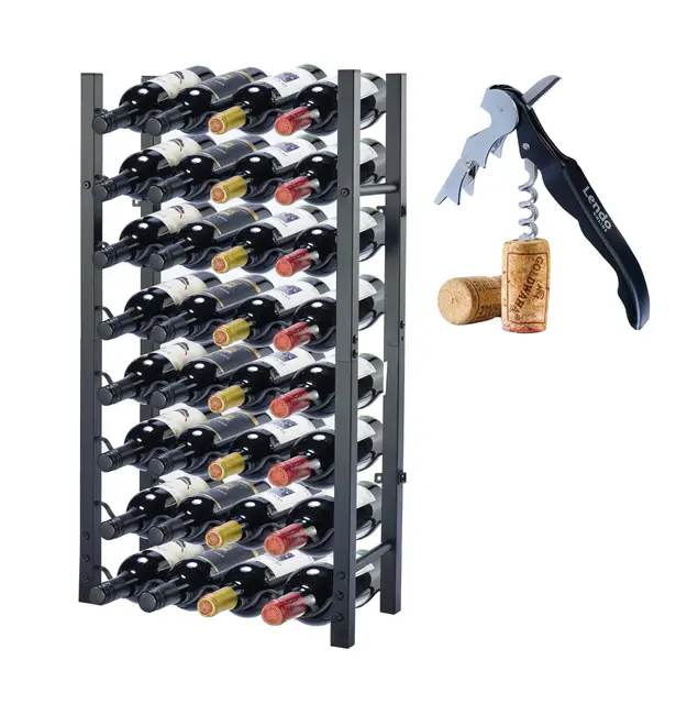 Botellero - Vinoteca - Portabotellas de Vino - Almacenamiento de vinos con sacacorchos Recubrimiento de Polvo Negro Metal Acero Boteleros Estilo (45x20x80cm (32 Botellas))