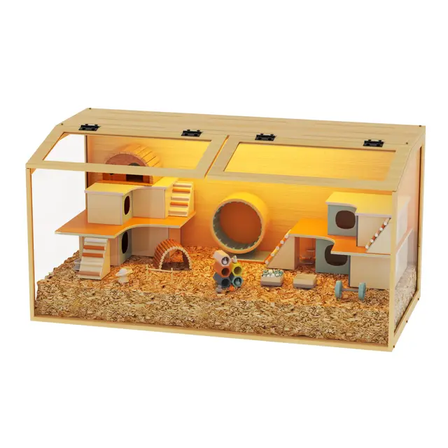 BingoPaw Jaula para Hámster, 100x50x50cm Jaula Hamster Madera con Luces LED Integradas, Paredes de Vidrio Templado y Diseño de Doble Puerta Superior para Hámsters Enanos Jerbos y Animales Pequeños
