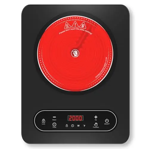 VBGK Placa Vitrocerámica 1 Fuegos, 2000W Vitrocerámica Portátil con Enchufe, 10 Niveles Calor Infrarrojo, Bloqueo para niños, Temporizador 4 Horas, Fácil Limpieza, Compatible con Todo Tipo de Ollas