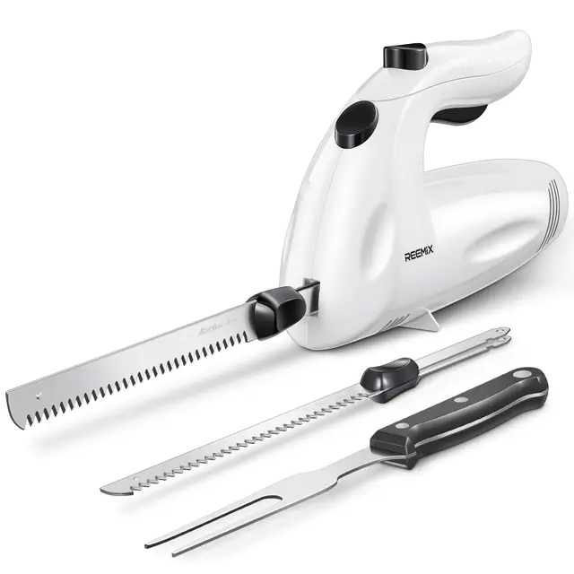 Reemix Cuchillo Eléctrico, hoja de acero inoxidable, Pan, Afilado Ondulado y Más, 2 Cuchillas para Carnes y Pan, Tenedor Incluido (blanco)