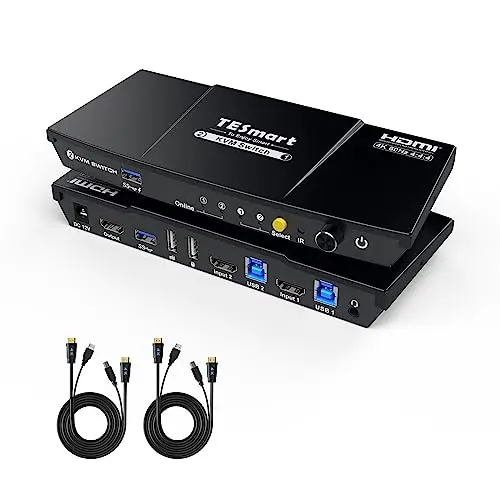 TESmart USB 3.0 HDMI KVM Switch 2 PC 1 Monitor, Conmutador 4K@60Hz con Emulador EDID, Hotkey, Extractor de Audio, USB 3.0 para Impresora y Escáner, Switch 2 en 1 Out, Incluye 2 Cables KVM