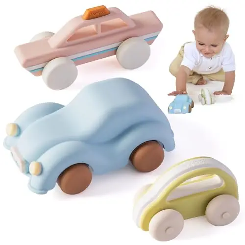 Moonkie Roll & Go Coches para Niños, Paquete de 3, Coches Juguete Silicona Blanda, Regalo Niño 6 Meses+ 1 2 3 Años, Mordedor Bebe, Juguetes Montessori, Coches para Bebes sin BPA, para Casa y Viaje