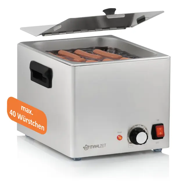 Mahlzeit Calentador de Salchichas Eléctrico de Acero Inoxidable | 29,5 x 34,5 x 24 cm | Calentador de Salchichas Gastro | 220-240 V | 1200 W | Calentador para Perritos Calientes, Hot Dog Warmer