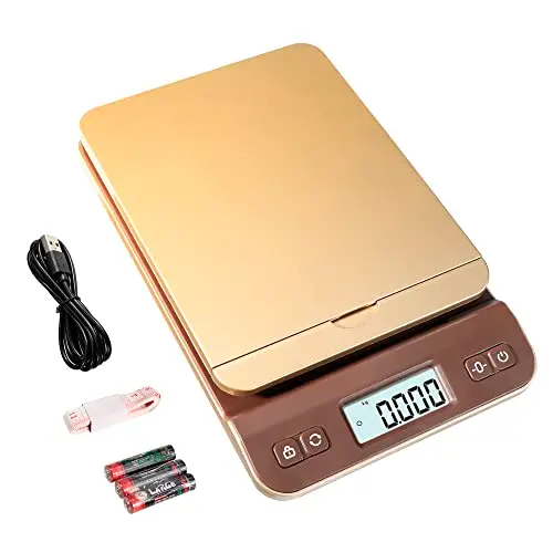 UNIWEIGH Balanza Postal Digital 39kg/86lb, Báscula de precisión, Báscula Postal Digital pesar paquetes, Oficina, Almacén, Cartas, Incluye Cable USB, Cinta Métrica, dorado.