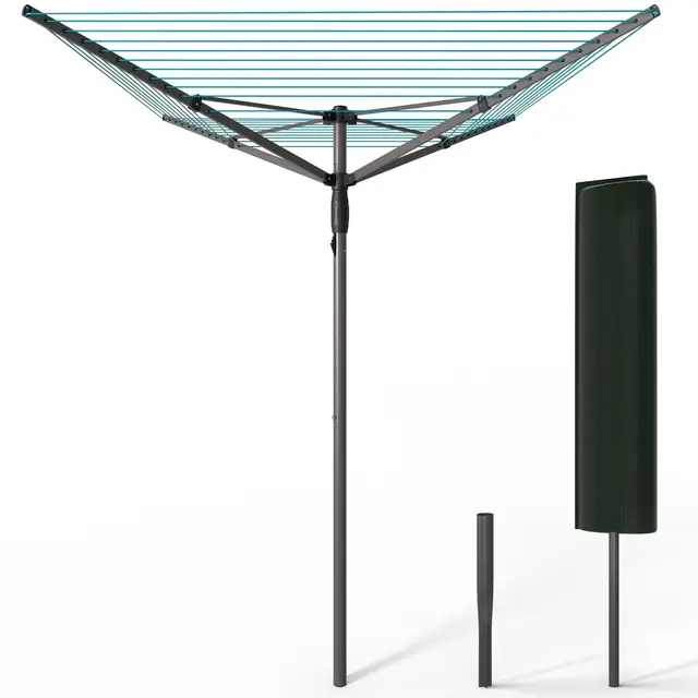 VOUNOT® Tendedero Giratorio 45M de Cuerda Secadora de Ropa Rotativa para Exteriores 4 Brazos Sistema Tipo Paraguas Línea de Lavado Plegable con Funda y Estaca para Jardín Al Aire Libre Gris/Azul