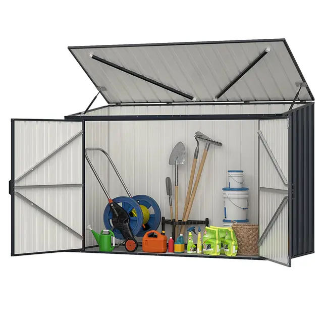 COSTWAY Caseta Jardin Exterior 1,5m2, 1600L, 193 x 86 x 127 cm, Cobertizo Jardin Exterior, Tapa Abatible y 2 Puertas con Cerradura, Acero, Pistones de Gas, Techo Inlinado, para Contenedores de Basura