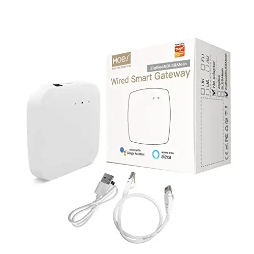 MOES Tuya Smart ZigBee Wired Gateway-Multi-Mode con BLE Wlan 2.4G Mesh Hub, control de voz a través de Alexa Google Home, cable de red requerido para conectar el enrutador y el Tuya Hub