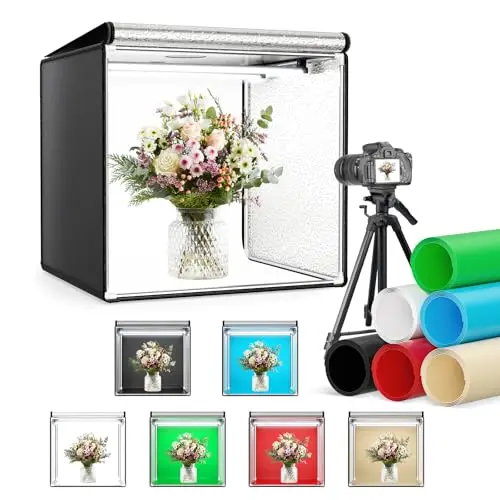 Caja de luz Fotografía 60x60x60CM, Caja de luz para Fotografía con Soporte, Brillo Ajustable 0-100% Estudio Fotográfico Equipada con 126 Cuentas LED Giratorias de 360°