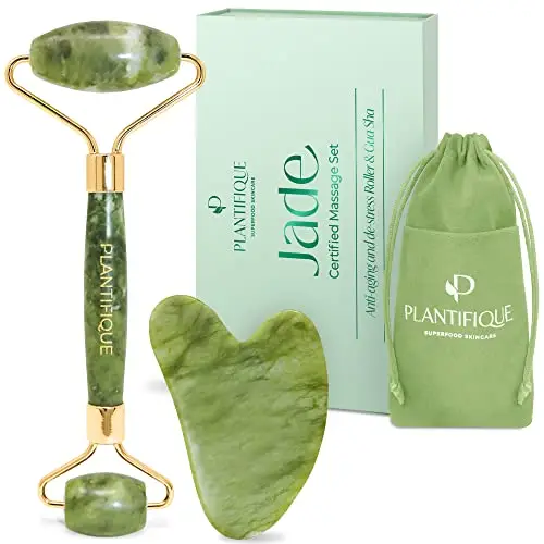 PLANTIFIQUE Gua Sha y Rodillo Facial de Jade - Masajeador Facial Antiarrugas para Tonificar la Piel - Face Roller - Rodillo Masaje y Guasha de Piedra Jade Auténtico