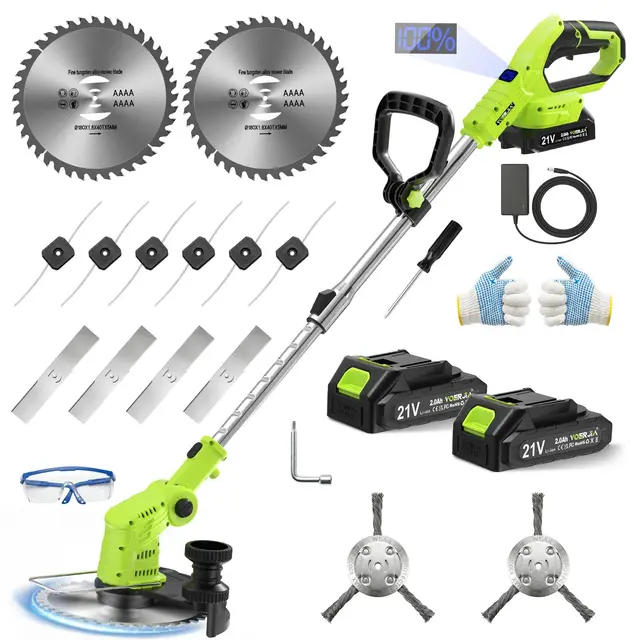 VOERJIA Desbrozadora a Batería 21V 850W, Cortabordes Eléctrico con Pantalla LCD, 2 Baterías 2.0Ah y Ruedas Laterales, Rotofil Potente 4-en-1 para Perfilado de Bordes y Jardines (Versión Pro)