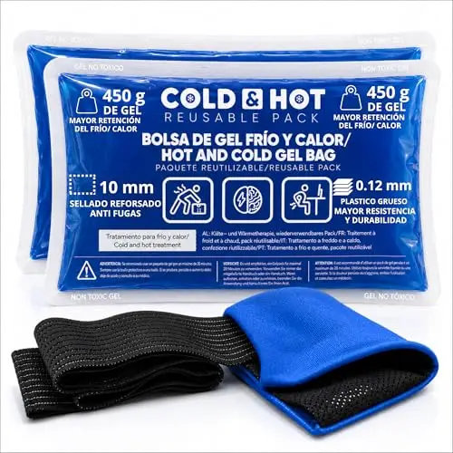 Pack de 2 Bolsas de Gel Frío o Calor Reutilizables (26 x 15 cm) - Incluye 1 Funda Multiposición de Tela con banda de compresión - Aptas para Nevera y Microondas - Ideales para Terapias