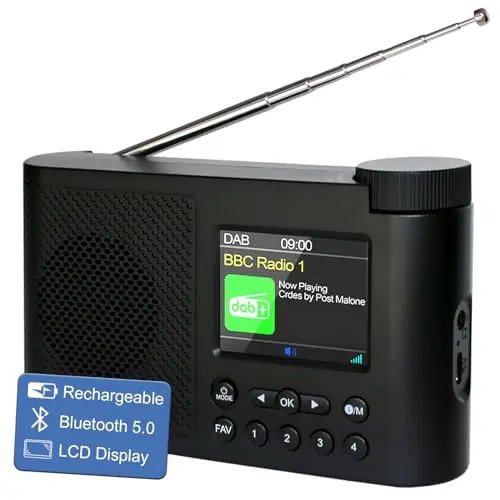 Radio portatil Pequeña, Radio Dab/FM, Radio con Bluetooth,Radio a Pilas Digital,Reloj con Doble Alarma, Temporizador de Apagado automático, 40 emisoras preprogramadas