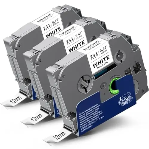 3x Labelwell 12mm 0.47 TZc-231 Negro sobre Blanco Etiqueta Reemplazo para Brother P-touch TZ TZe-231 TZe231 TZ231 PT-H100LB PT-P300BT PT-1010 GL-H105 PT-H100R PT-H108GT PTH107B