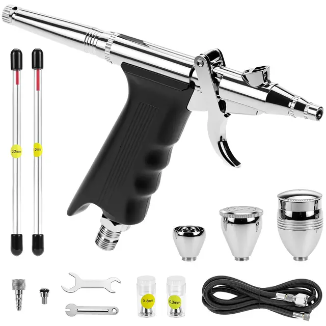 QWORK® Kit de Pistola de aerógrafo Profesional - Boquillas Regular 0,3 mm 0,5 mm 0,8 mm - Vaso de Pintura 2 CC 5 CC 13 CC - Longitud de la Manguera 1,8 m