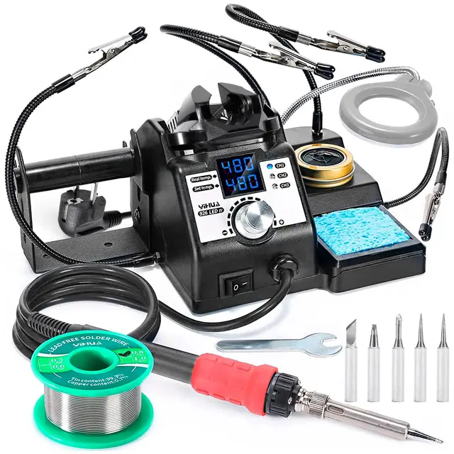 YIHUA 926LED-IV 110W EVO Estación de soldadura 90~480°C Kit de soldadura con 4 manos ayudantes, 1 lupa con LED, 5 puntas de soldador adicionales, 50 g de alambre de soldadura sin plomo