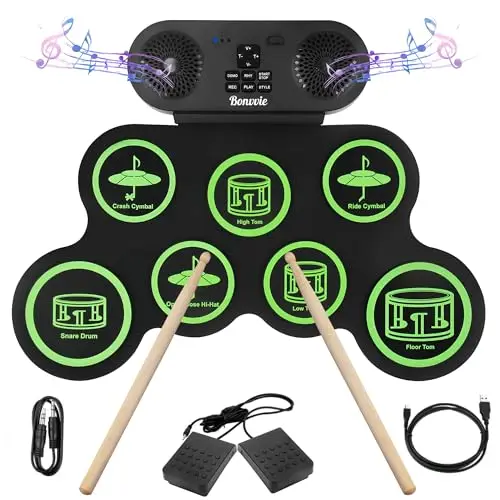 Batería Electrónica E-Drum Kit, Bonvvie Roll Up Digital Drum Recargable con 7 pads, MIDI, DTC, Altavoces Duales Incorporados, Ideal para Principiantes, Estudiantes y Entusiastas de la Música