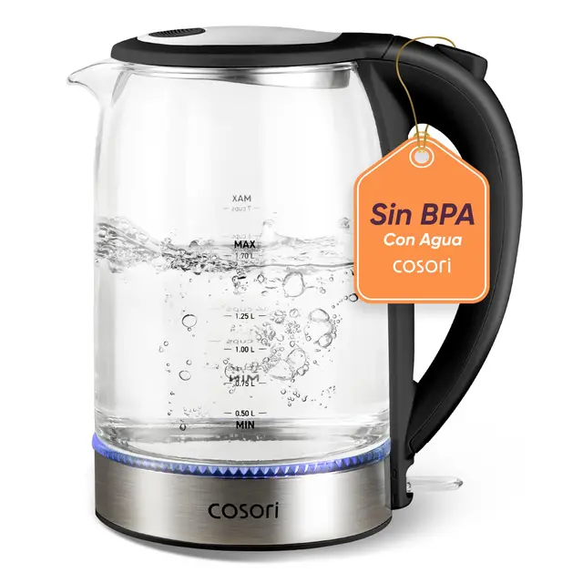 COSORI Hervidor Agua Eléctrico de Cristal de 1,7 Litros, Kettle con Piezas en Contacto con el Agua Sin Plástico, Acero Inox 304, 2200 W, Protección Contra el Sobrecalentamiento, Base 360°