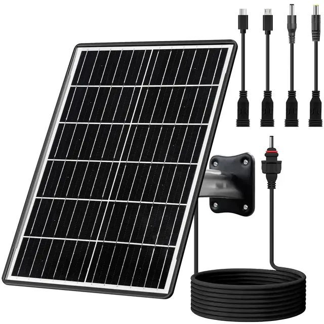 Kit de panel solar de 15 W con batería integrada de 16000 mAh. Voltaje: 5 V/6 V/9 V/12 V. Corriente: 1,5 A. Cuenta con puertos USB-C, Micro-USB y CC de 2,1/1,7/1,35 mm. Compatible con todas las