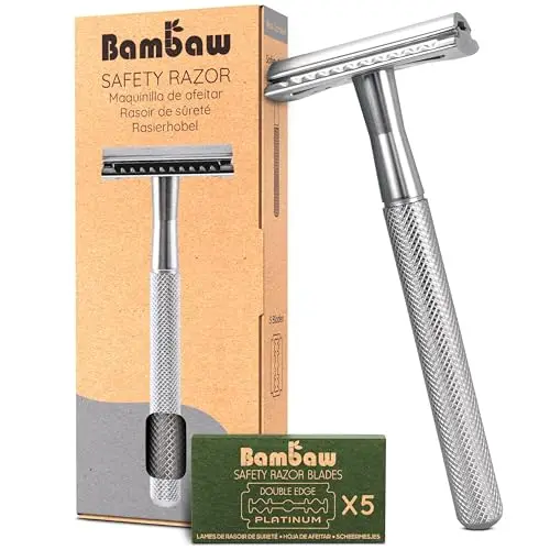 Bambaw Maquinilla Afeitar Clasica, con 5 Cuchillas Mujer y Hombre de Acero Inoxidable Sueco, Cuchilla Afeitar Mujer Metálica Reutilizable, Afeitado Clasico Manual, Apurado y Limpio (Plata)