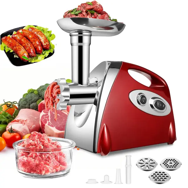 SINZUX Picadora eléctrica de carne y salchichas, picadora de carne y salchichas de 2800 vatios con rotación hacia delante y hacia atrás,con 3 placas de corte, con juego de salchichas y Kubbe (Rojo)