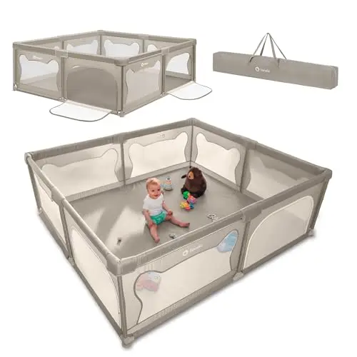 LIONELO Willow - Parque infantil XL, 0 – 48 meses, gran superficie 187x207x68 cm, con paredes de malla transpirable, 2 entradas laterales con cremallera, ideal para casa y jardín, fácil montar (Beige)