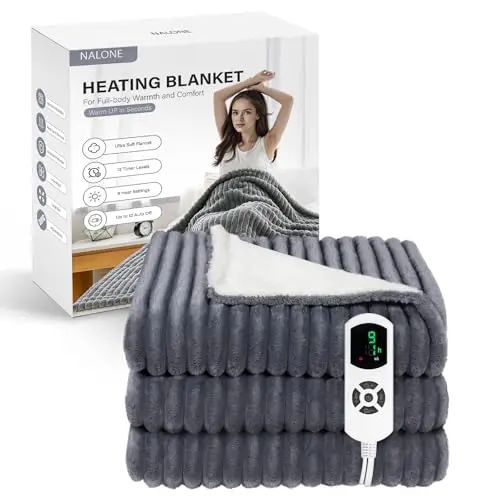 NALONE Manta Eléctrica Grande160x130cm, Manta Termica 9 Niveles de Calor, Temporizador de 12 Horas para Cama, Hogar y Oficina Franela Lavable a Máquina (160 x 130cm)
