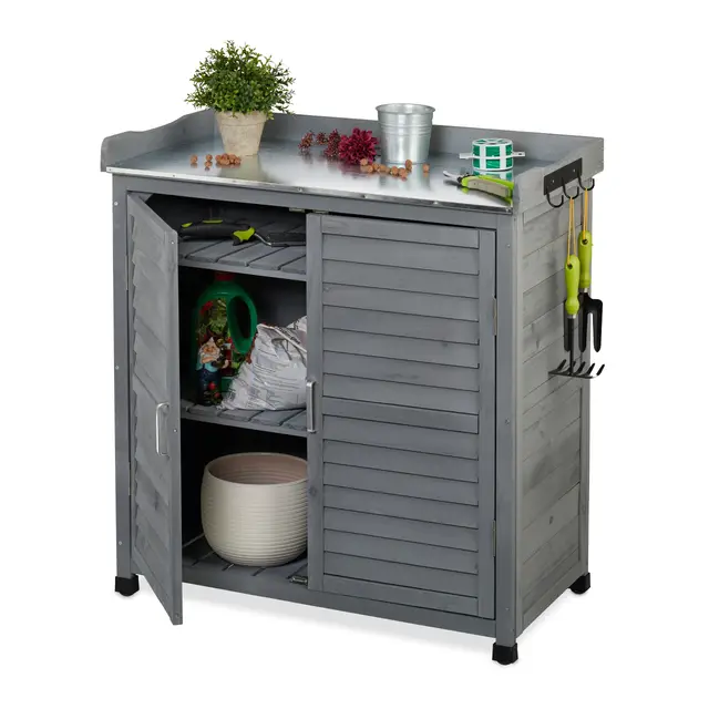Relaxdays Mesa de Cultivo, con Almacenamiento Inferior, 3 Ganchos, Madera, Superficie de Peltre, 92 x 90 x 45 cm, Gris