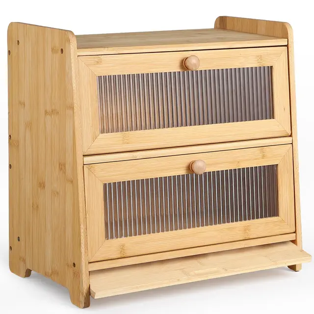 HAUSPROFI Panera de bambú de 2 niveles, panera de madera con tabla de cortar, ventilación ondulada, ventana visible, elegante caja de pan de cocina para guardar pan, 40 x 25 x 40 cm, grande