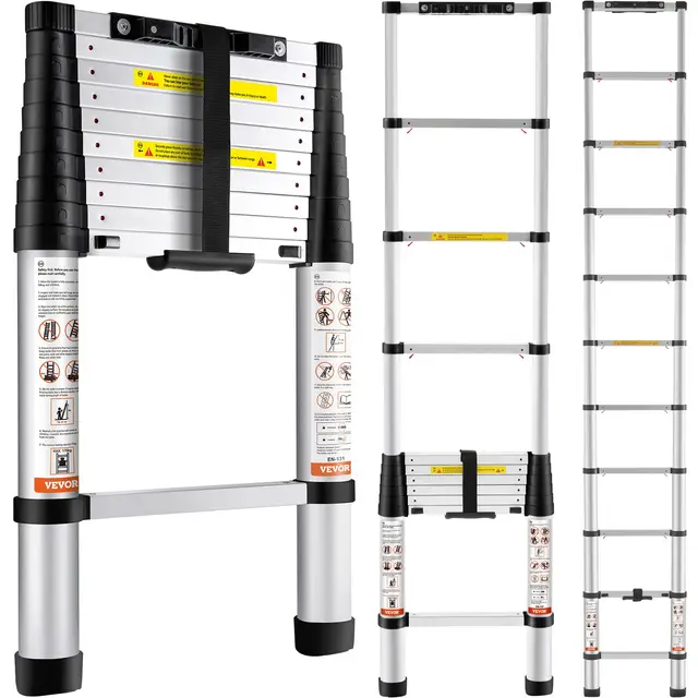 VEVOR Escalera Telescópica de Aluminio Altura de 320cm Escalera de Extensión Plegable Portátil Capacidad de 170kg con Pies Antideslizantes 1 Botón de Retracción para Reparaciones de Hogar Autocaravana
