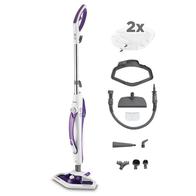 Polti Vaporetto SV440 Doble, Mopa a Vapor 2 en 1 con Limpiador Portátil, 1500 W, Calentamiento 15 s, 11 Accesorios, Depósito Extraíble, Blanco/Morado
