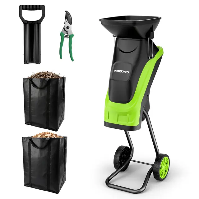 WORKPRO Trituradora de Jardin Eléctrica Cuchillas 2500W con Tijeras de Podar, Biotrituradora de Ramas Ø44 mm, 4300 RPM, Trituradora de Hojas con 2 Bolsas de 45 L, Trituradora para Residuos de Jardín