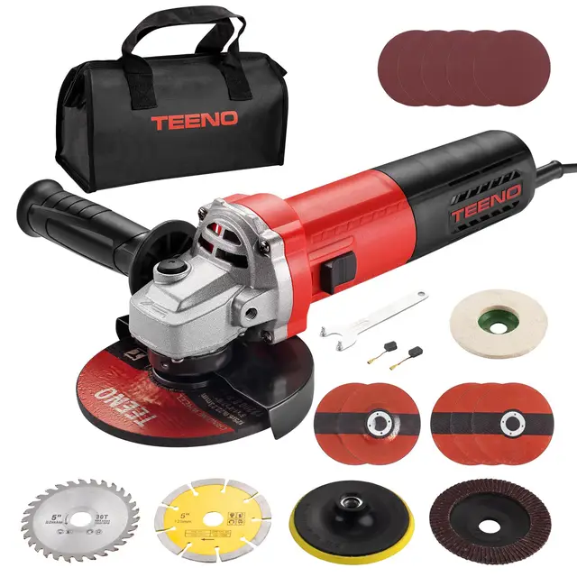 TEENO Amoladora Angular 125 MM 1000W 2000-12000 RPM Con 20 Accesorios, Radial Pequeña 125 mm, Amoladora Pequeña Para Cortar, Esmerilar y Pulir Metal, Madera, Cerámica y Piedra, Bolsa de Herramientas
