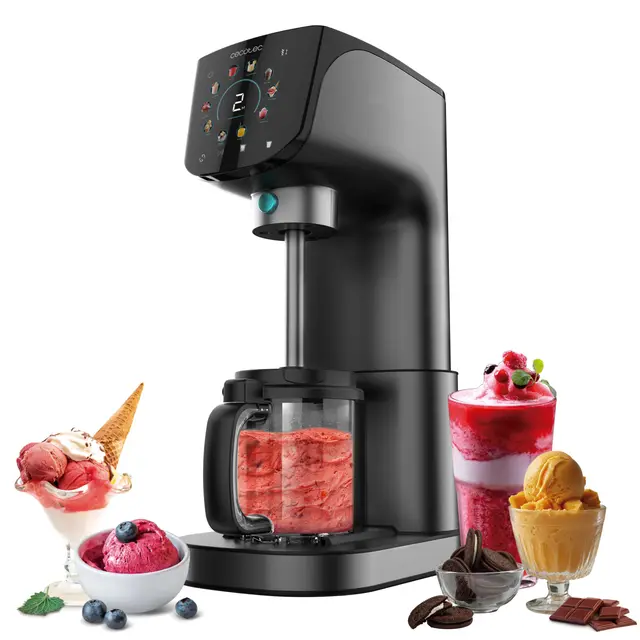Cecotec Heladera Multifunción Capacidad 2,1L, 3 Tarrinas, Gelatec 2100. 500W, 11 Programas de Helado y Bebidas Granizadas, Tecnología CreamOn y Re-spin, Pantalla Táctil, Incluye Recetario Digital
