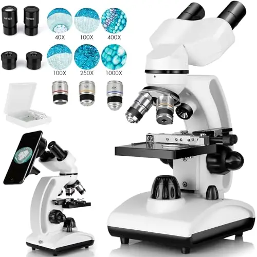 Microscopio Binocular(40X-1000X)Etapa Mecánica de Doble Capa, Soporte de Teléfono Móvil para Uso en Laboratorio para Compartir Investigaciones y Adecuado para Adolescentes, Estudiantes Universitarios