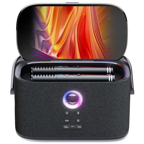 Máquina de Karaoke para Adultos, Pantalla Integrada con Letras, 2 Micrófonos Inalámbricos de Autocarga, Aplicación de Karaoke, Altavoz 140W, Conexión a TV para Fiestas en Casa y Exteriores (Shell S2)