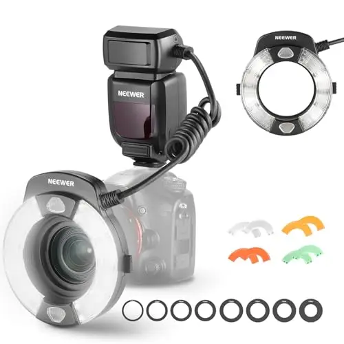 Neewer RF1-S Marco Ring Flash Light Compatible con Fotocamera Sony, 76Ws GN15 5600K TTL, 1-1/128 Salida Delantera/Trasera Cortina Gel Color Anillos Gel Adaptador para Macrofotografía Estudio Fotos