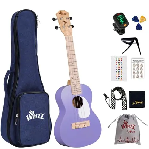 Winzz Ukelele Set para Adulto Principiantes y Niños, Ukelele Concierto de 23 Pulgadas con 9 Accesorios, 4 Cuerdas (Color: Violeta, Madera)